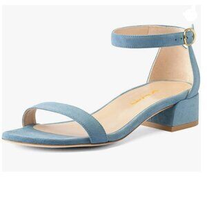 XYD Sky Blue Open Toe Ankle Strap Buckled Low Chunky Heel Sandal for Wedding